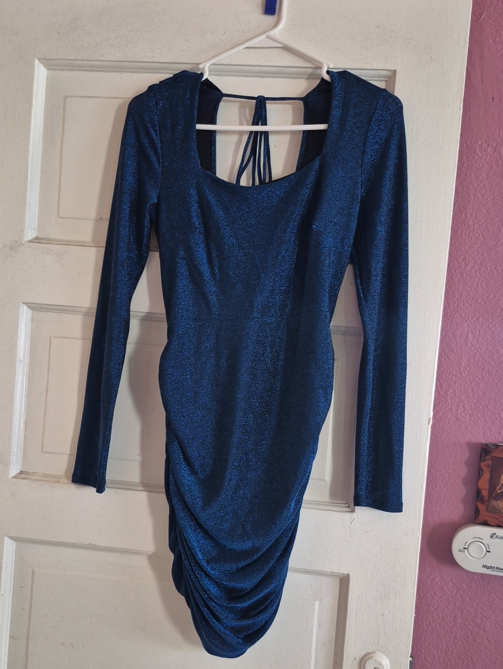 Women's Shimmery Navy Blue Long-Sleeve Ruched Dress